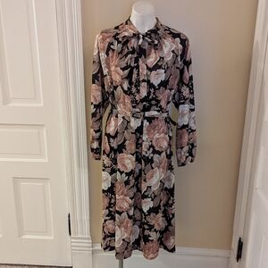 Vintage black and mauve print floral dress with matching belt size M